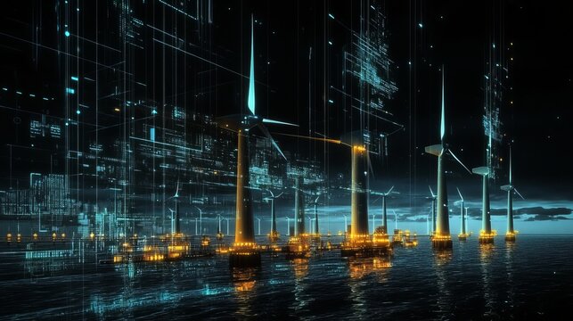 Offshore Wind Farm Digital Overlay Night Scene Futuristic Energy Technology Renewable Power Sustainable Electricity Clean Energy Modern Infrastructure Global Warming     