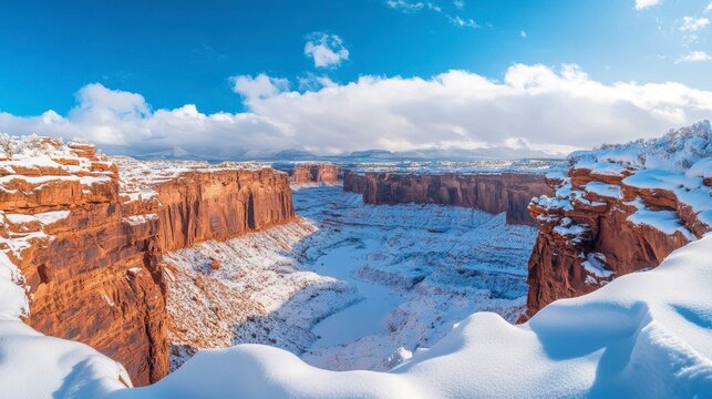 Panoramic view of a snow-covered canyon with red rock formations under a bright blue sky.