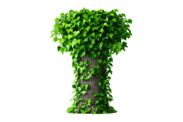 Tree trunk covered with green ivy leaves isolated on transparent background