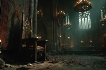 Dark, gothic cathedral interior, opulent throne room.