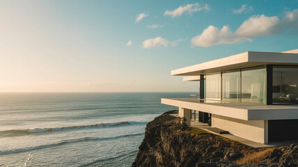 Fototapeta premium Modern cliffside house overlooking the ocean at sunset with glass walls and serene beach views