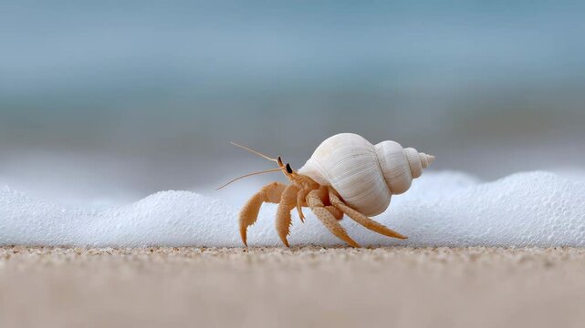 Close-up of small hermit crab in spiral shell crawling along shoreline foam with soft blue sea in background