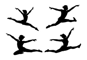 A set of gymnastic poses silhouettes, a black silhouette of a woman gymnastics, Gymnast girl, isolated black vector silhouettes
