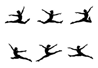 A set of gymnastic poses silhouettes, a black silhouette of a woman gymnastics, Gymnast girl, isolated black vector silhouettes