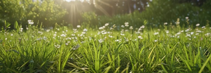 Close-up of flowering plants, lush green grass, June sunlight, natural, leaf