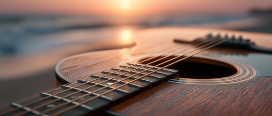 Fototapeta premium Intimate melodies guitar strings illuminate a beach sunset