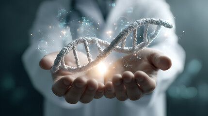 hands holding a double-helix DNA structure, with a doctor in a white coat and holographic medical data