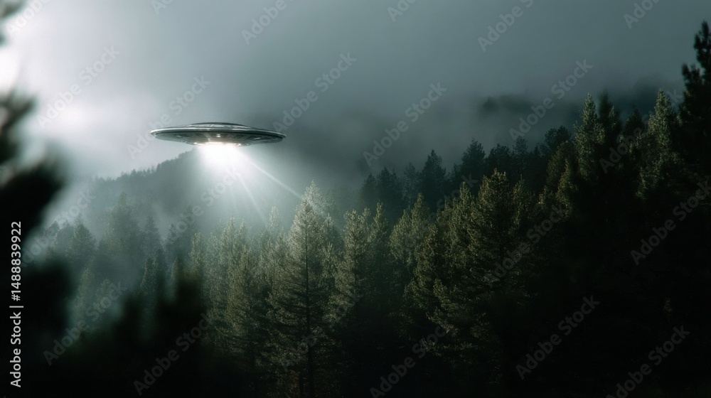 Poster a ufo is flying over a forest with foggy trees