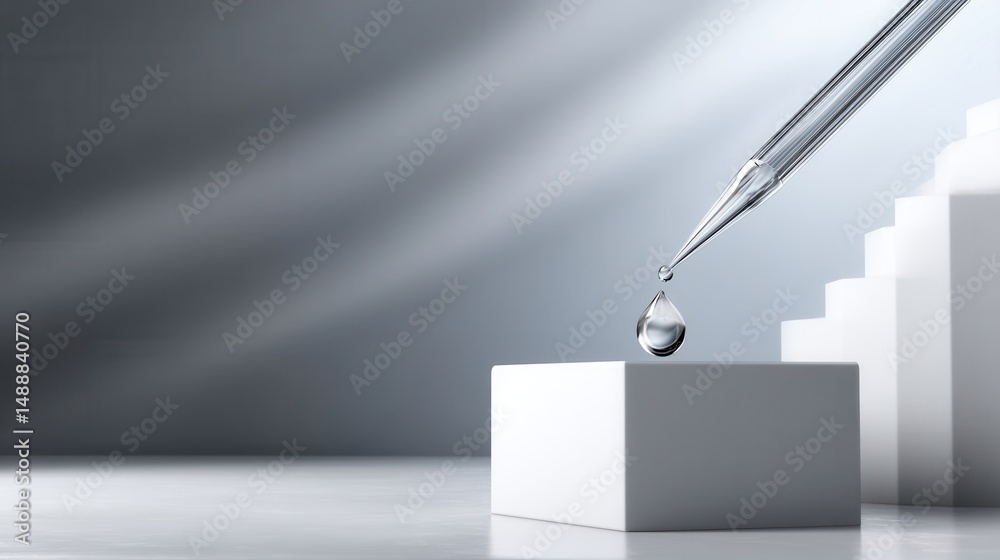 Poster a drop of water is falling from a syringe onto a white block