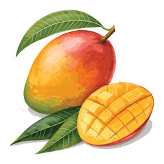 Hand drawn watercolor mango composition isolated on white background. Fruit delicious illustration.