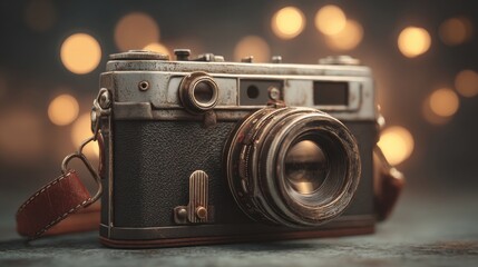 Aged antique camera with warm bokeh background.