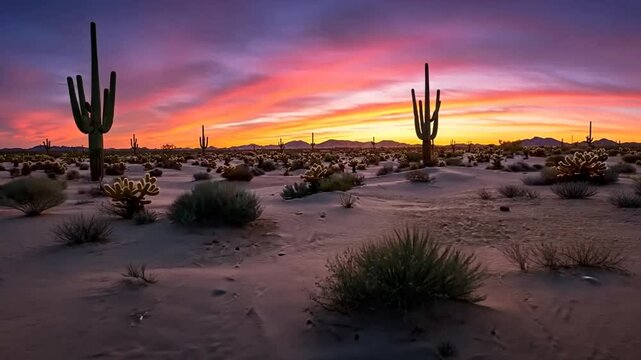 Vibrant Sunset Over Desert Landscape with Cactus Plants Silhouetted Against a Colorful Sky in Arizona