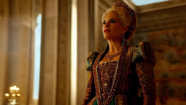 Elegant noblewoman wearing ornate 18th-century dress with rich fabrics, surrounded by golden furniture, chandeliers and candlelight in a luxurious hall. Concept of royalty and historical drama