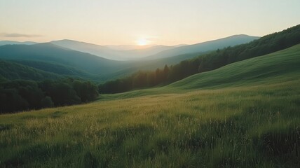 Fototapeta premium Golden Sunrise Over Rolling Green Hills and Grassy Field