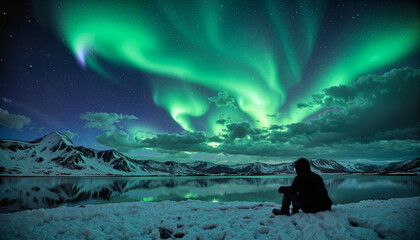 Fototapeta premium Person admiring northern lights over snow-covered mountains