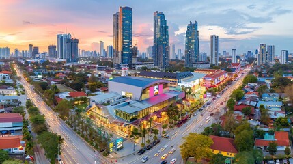 Naklejka premium Sprawling metropolitan cityscape viewed dusk Skyscrapers punctuate horizon their window reflecting fading light while busy street below hum urban energy scene capture modern city vitality endless
