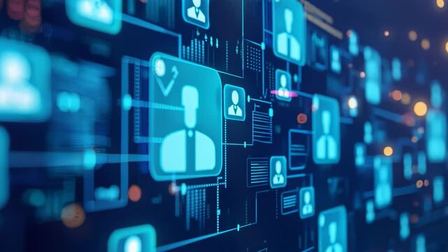 Abstract digital network with glowing user icons and data flow