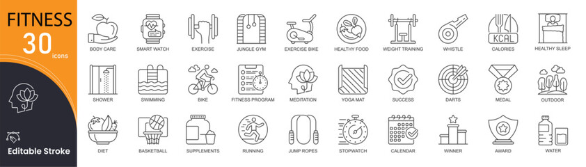 Fitness related line icons set. Bundle of fit, weight, cardio, gym, exercise bike, training, swimming, running, diet and other. Editable Stroke .Outline icons