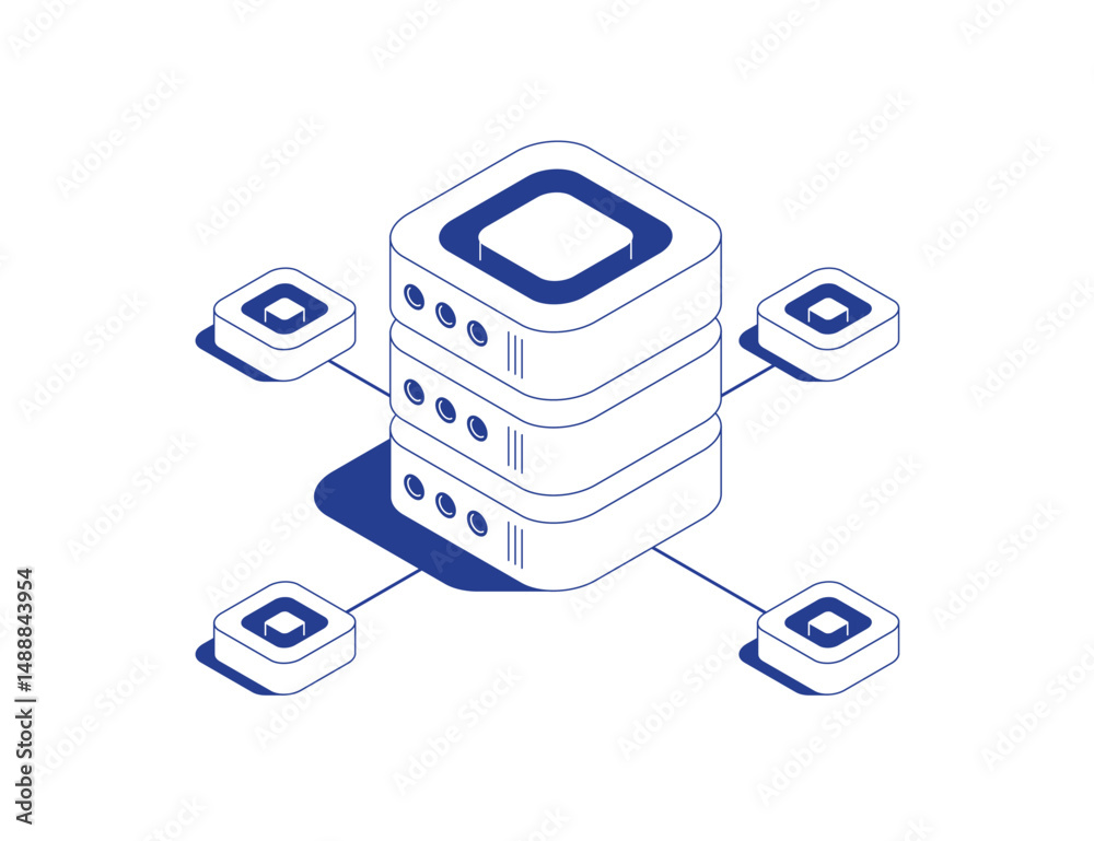 Poster server room isometric illustration with large server rack surrounded by smaller servers connected by