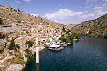 Aerial View of Submerged Village in Halfeti, Şanlıurfa – Partially Sunken Mosque Minaret and...