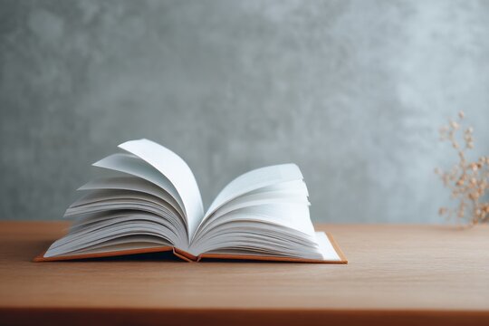 Open book resting on a light wooden surface.