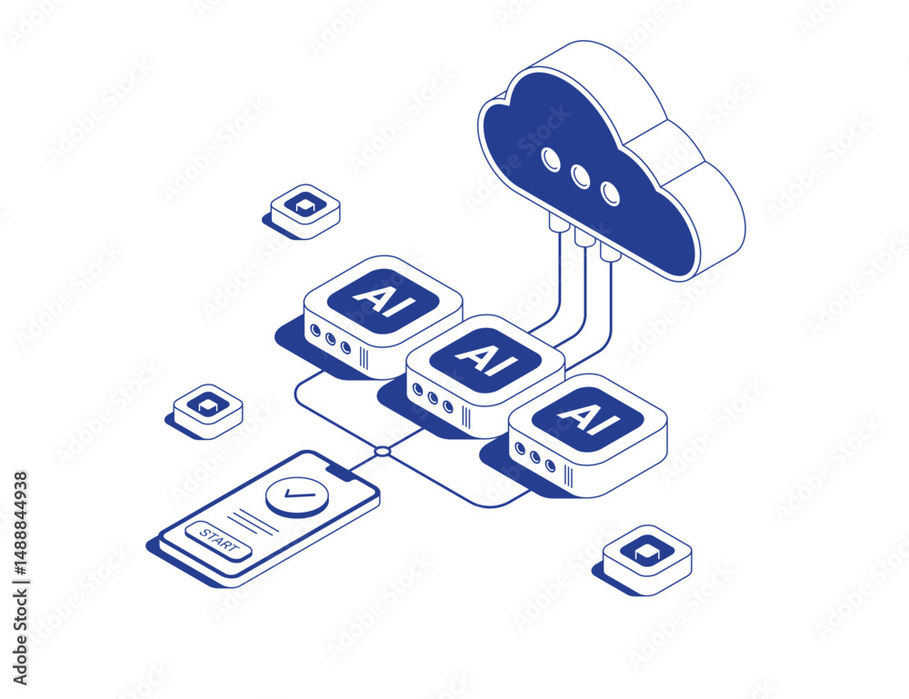 Poster mobile phone with success icon and start button connected to ai servers and cloud service via data c