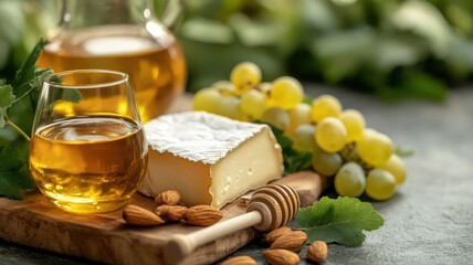 Gourmet Cheeseboard with Assorted Cheeses Grapes Almonds and Honey