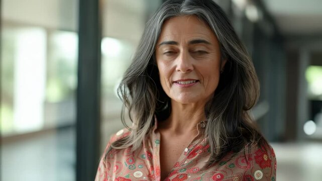 Portrait of a confident mature woman with gray hair in a modern office setting, looking at the camera with a slight smile.
