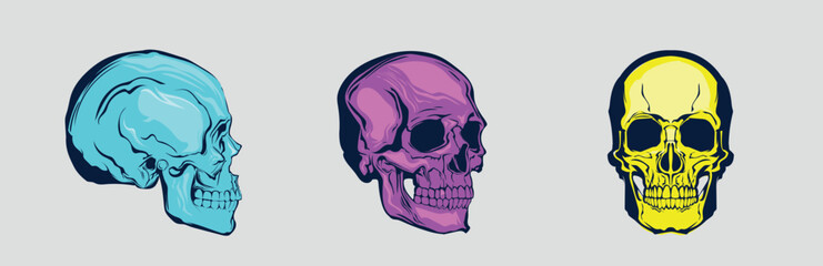 A set of vector stickers featuring hand-drawn human skulls. Drawn with neon colors and abstract lines on a gray background, the vector skulls will add a grunge touch to any project.