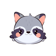 Adorable raccoon face in kawaii chibi style. Cute cartoon mascot with big eyes and fluffy tail. Perfect for children's drawings, stickers, nursery decor, prints and educational materials. Vector