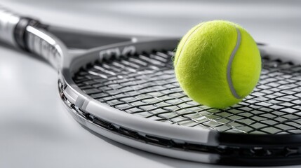 A tennis ball sits on a tennis racket