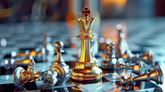 Golden chess king standing tall among fallen pieces, strategic game