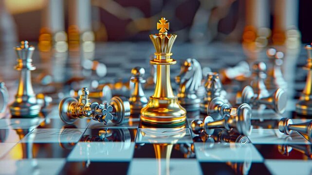 Golden king stands victorious on a chessboard amidst fallen pieces, in a dramatic and focused composition