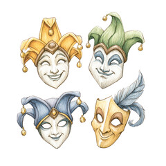 Collection of four illustrated jester masks with different colors and styles