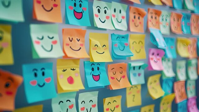 Colorful sticky notes with hand-drawn smiley faces on a wall, close-up