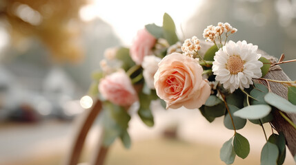 Elegant wedding ceremony arch with sunlit floral arrangement and copy space