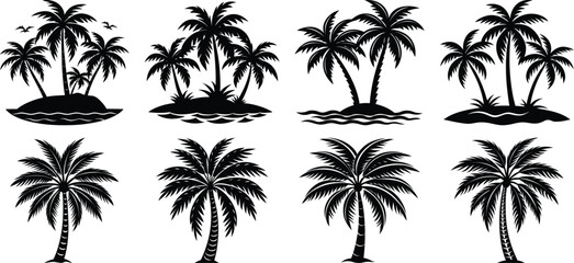 palm tree silhouettes with beach, vacation, nature, tropical, ocean, on white background