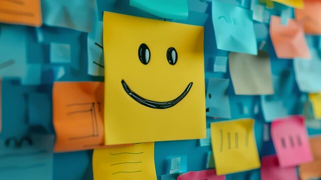 Close-up of a yellow sticky note with a smiley face on a wall covered in colorful sticky notes, shallow depth of field