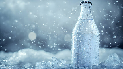 Refreshing cool water bottle surrounded by ice and droplets in chilly ambiance