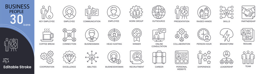 Business people concept simple line icons set. Bundle of team, employee, recruitment, partnership, consultation, brainstorm and other. Editable stroke . Outline icons.