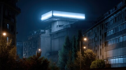 Obraz premium A city street at night with a tall building in the background