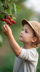 Child reaching for cherries on a low branch in orchard during summer