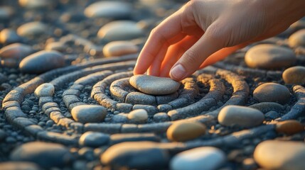 A hand placing a stone in a patterned stone circle design.
