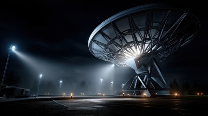 A large satellite dish is lit up at night
