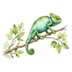 Obraz premium A charming turquoise chameleon perched gracefully on a branch with leaves.