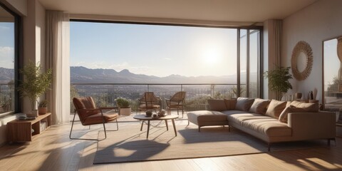 Fototapeta premium Sun-drenched modern living room, balcony view, sophisticated, city view