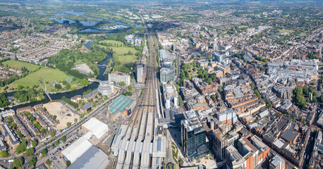 Epic aerial view of Reading center and railway station, modern city, Berkshire, United Kingdom
