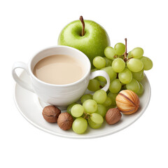 A cup of coffee sits with an , grapes, and walnuts on a white plate.