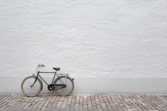 Simple bicycle parked beside a whitewashed brick wall.