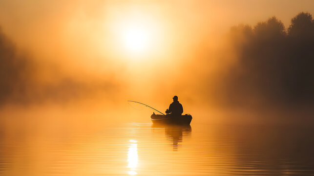 Silhouette of Fisherman in Boat on Calm Lake at Golden Sunrise with Misty Forest for Serene Nature